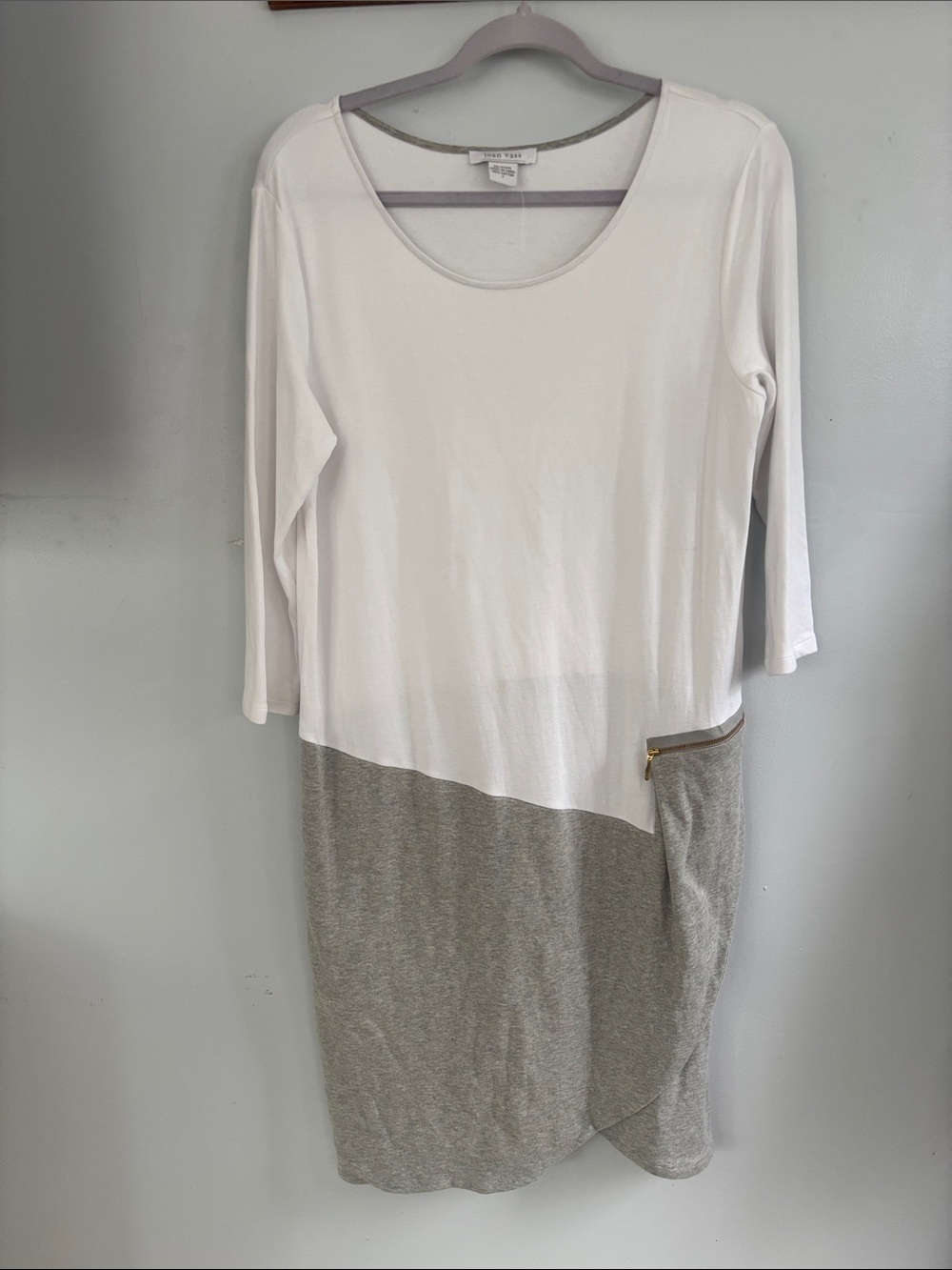 Joan Vass White and Gray Colorblock Midi Dress